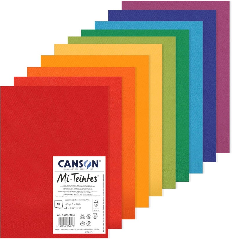 CANSON ورق رسم ملون مي-تينتس 160 جرام A4، مزدوج الوجه: خلية نحل وحبيبات ناعمة، 10 أوراق ملونة زاهية، مثالي للفنانين المحترفين والرسامين - Image 1